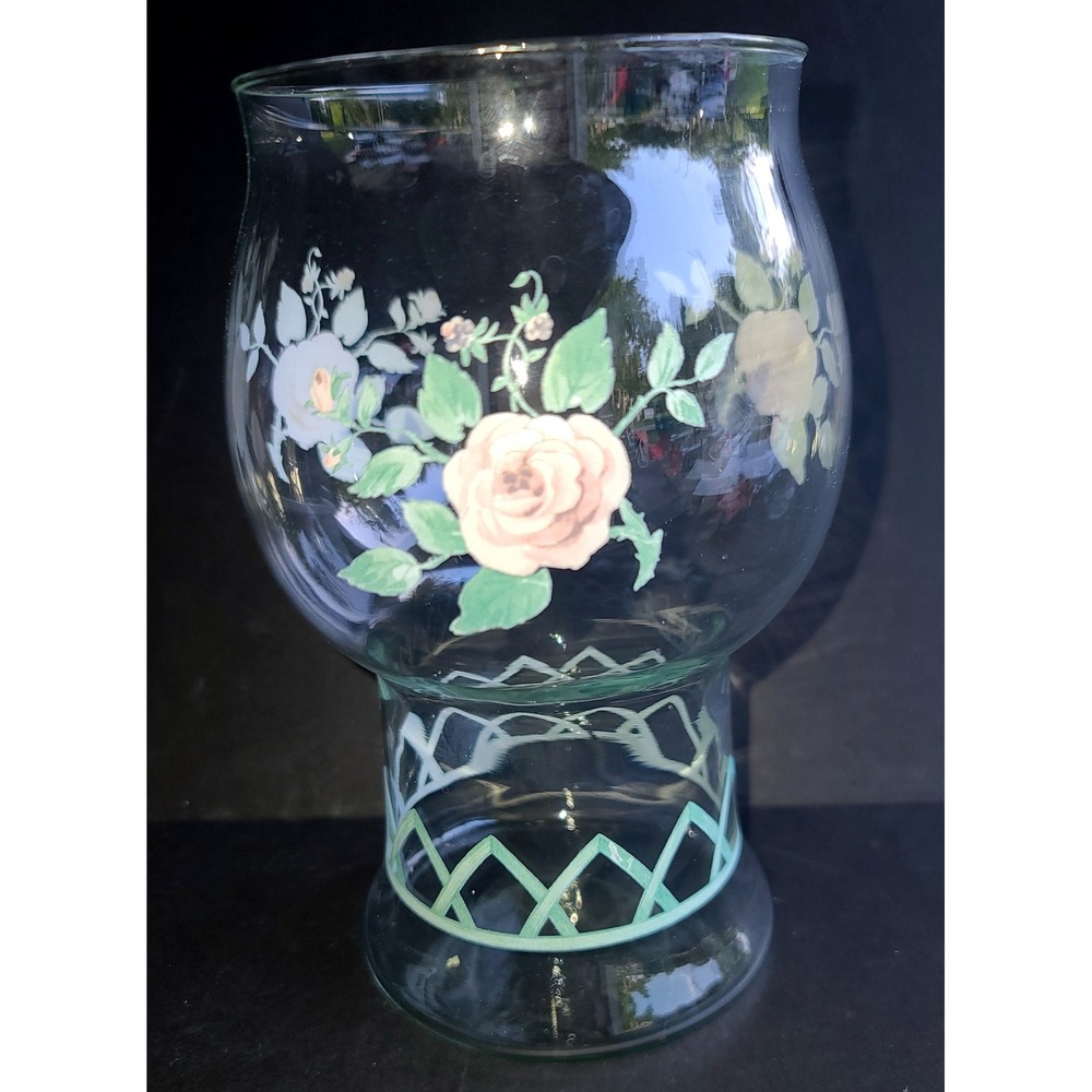 Pfaltzgraff Rose Garden Green Lattice Glass Hurricane Floating Candle Holder
